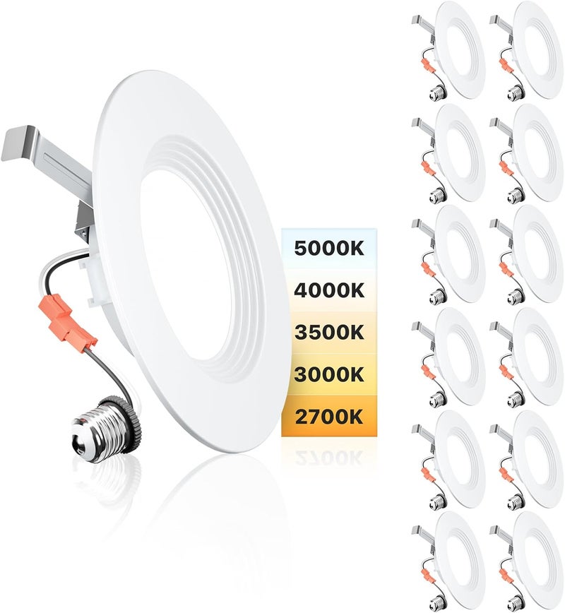 Ensenior 5/6 Inch 5CCT LED Can Lights 12 Pack, Retrofit Led Recessed Lighting, Baffle Trim, Dimmable, 9W=110W, 1000LM, 2700K/3000K/3500K/4000K/5000K Selectable, IC Rated - ETL & FCC - Image 1
